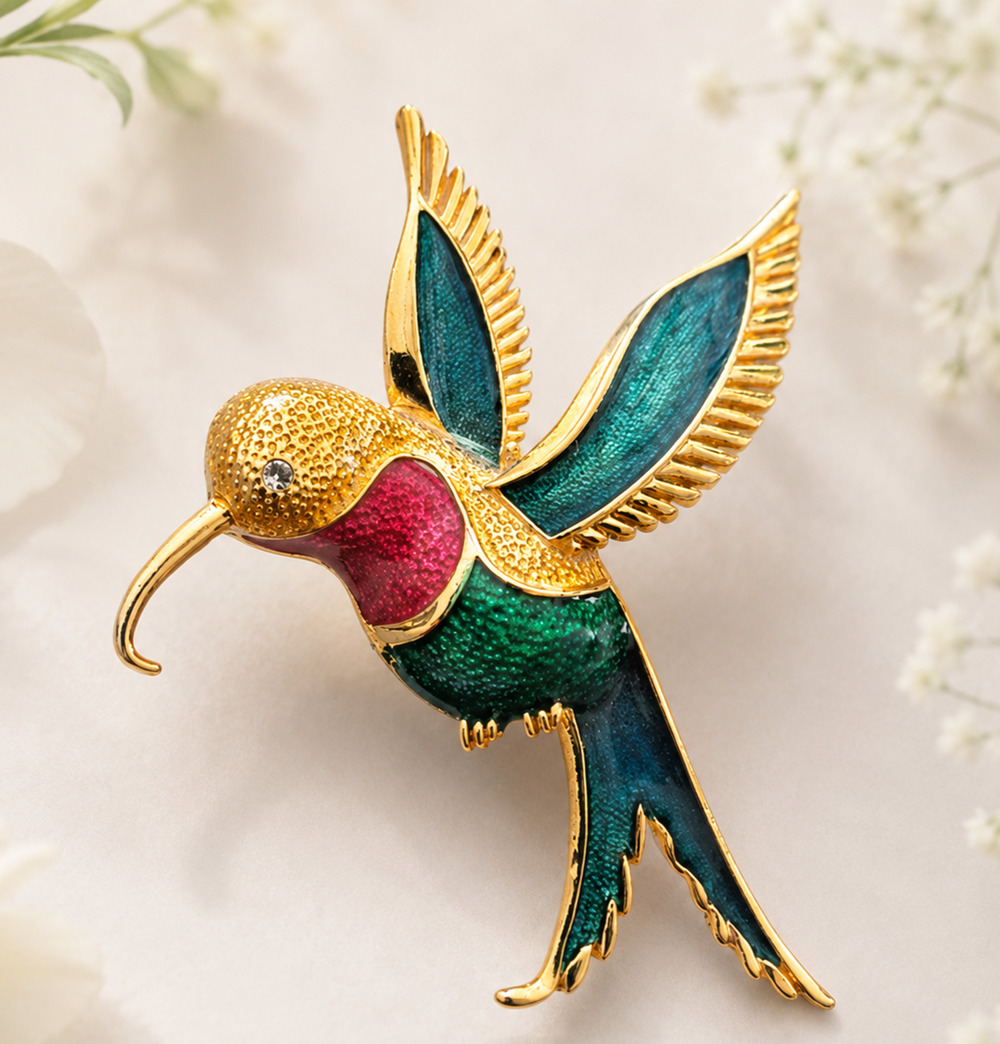 Vintage Hummingbird Brooch Colorful Guilloche Enamel Rhinestone Bird Pin 2.75"